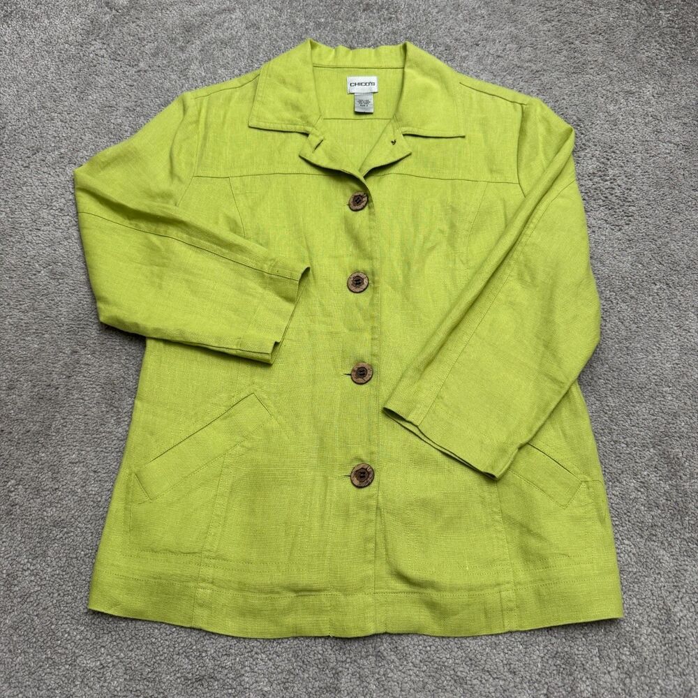 Chicos Linen Button Up Jacket Women 0 XS Chartreuse Green 100% Linen 3/4 Sleeve